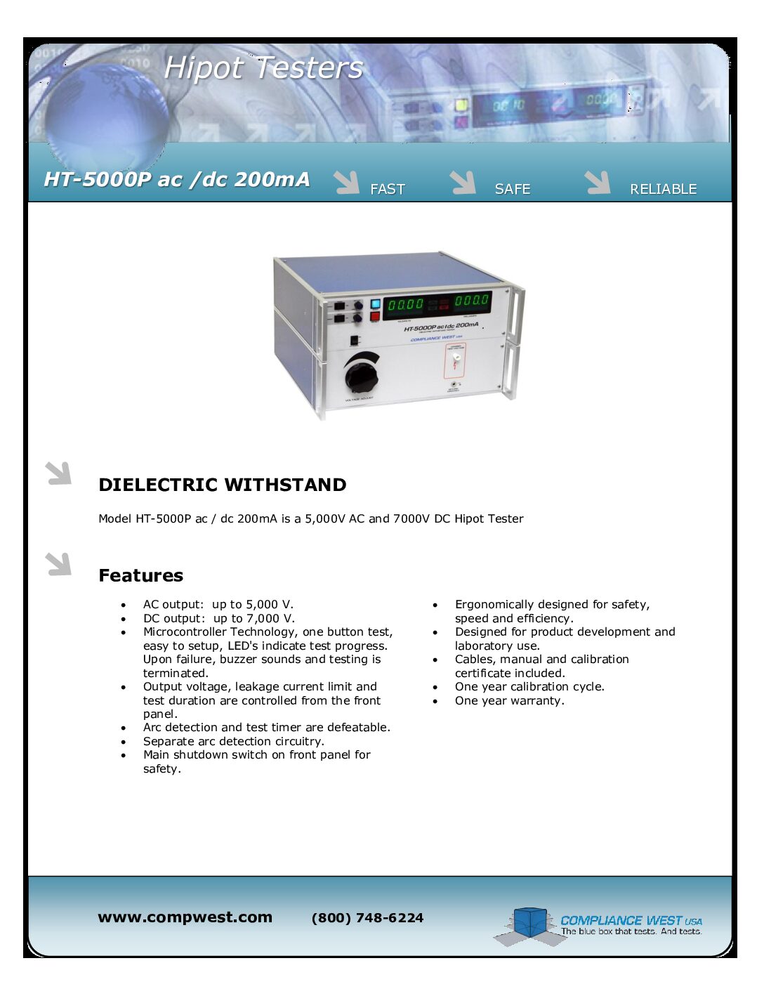 Hipot Tester 5000Vac @ 200mA 7000Vdc @ 200mA - Compliance West